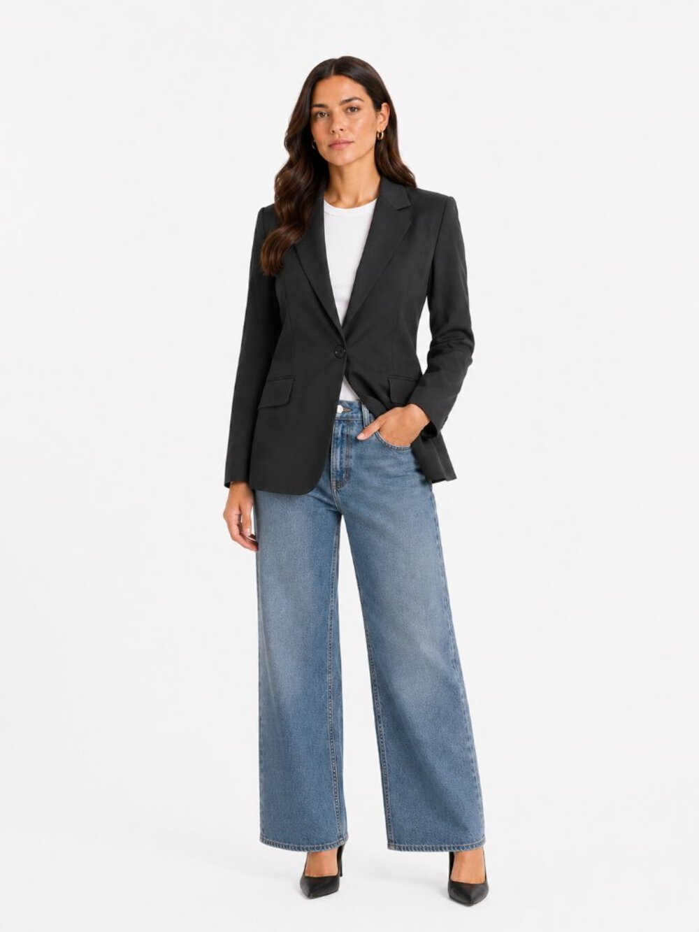 PHILIPPE DUBUC BLACK WOOL BLEND PEAK LAPEL SINGLE BREASTED MID-LENGTH BLAZER